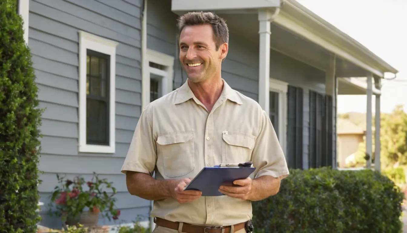 Friendly pest control provider talking with a homeowner at the front door of a Fairfield house
